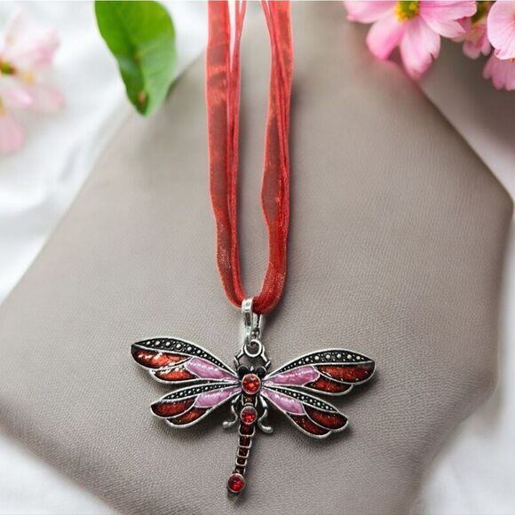 Red Dragonfly Rhinestone Enamel Pendant Ribbon Cord Necklace Fairy Kawaii Whimsy - Picture 6 of 8